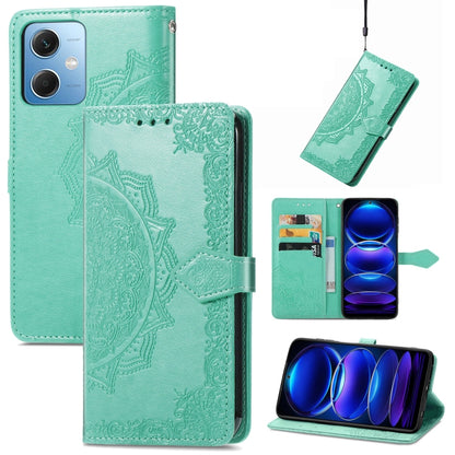 Mint mandala embossed leather phone case with textured flap, folio design, and strap