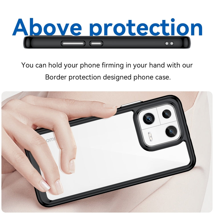 Phone case with clear back and black border, side buttons and camera opening