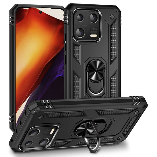 Shockproof phone case with rotating ring holder, rugged black TPU+PC shell