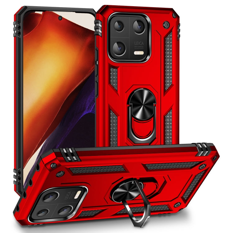 Shockproof phone case with rotating ring holder, rugged red TPU+PC armor shell