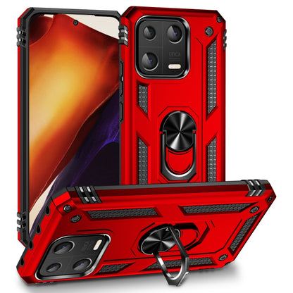 Shockproof phone case with rotating ring holder, rugged red TPU+PC armor shell
