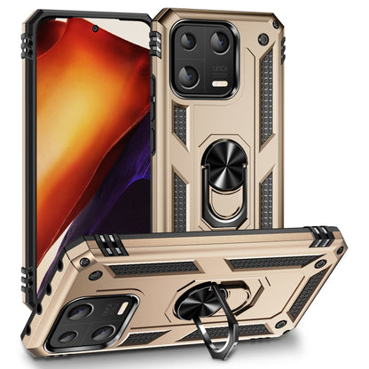 Rugged shockproof phone case with rotating ring holder, gold TPU+PC protective shell