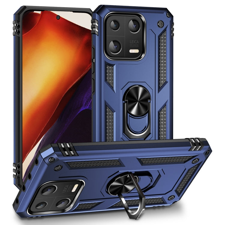 Shockproof phone case with rotating ring holder, rugged blue TPU+PC protective shell