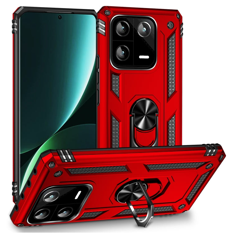 Shockproof phone case with holder and kickstand, red armor style