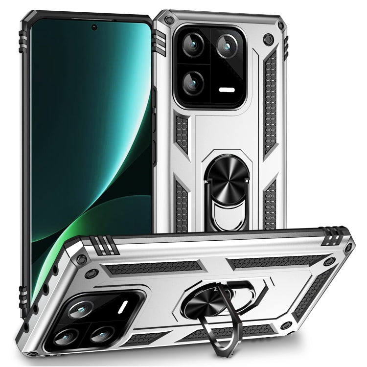Shockproof phone case with holder and kickstand, silver-toned armor style