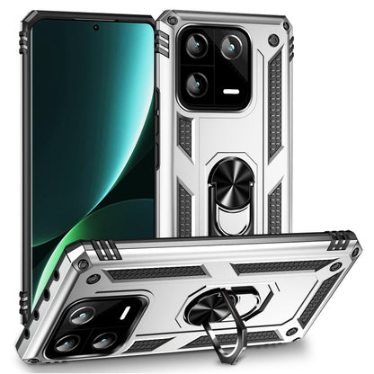 Shockproof phone case with holder and kickstand, silver-toned armor style