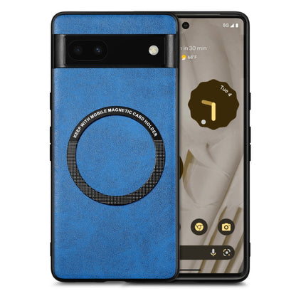Google Pixel 6a MagSafe leather phone case, blue leather with circular card holder ring
