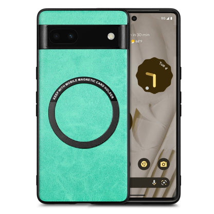 Google Pixel 6a MagSafe leather phone case, green leather with circular card holder ring