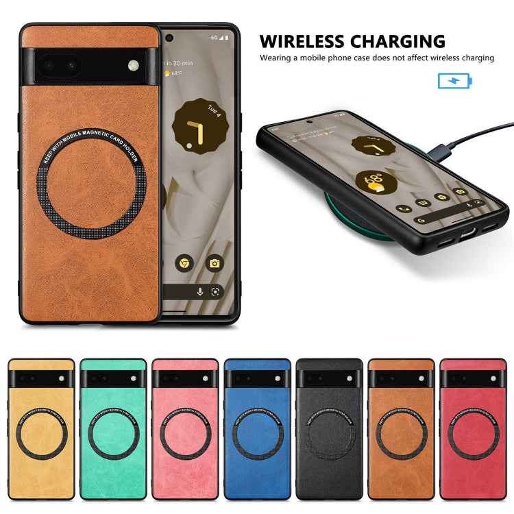 Google Pixel 6a MagSafe leather phone case, brown, shown with wireless charging