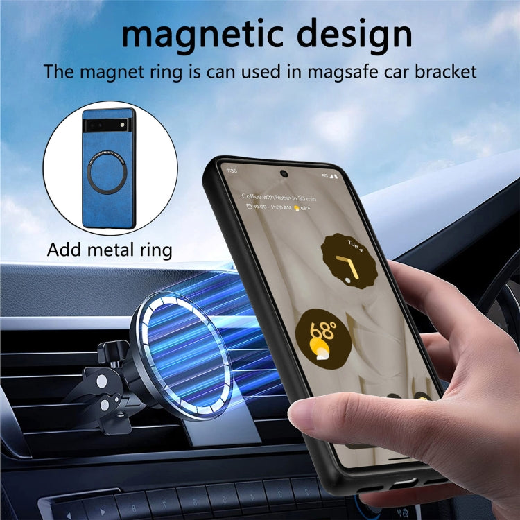 Blue magsafe leather phone case for Google Pixel 6A in car vent holder