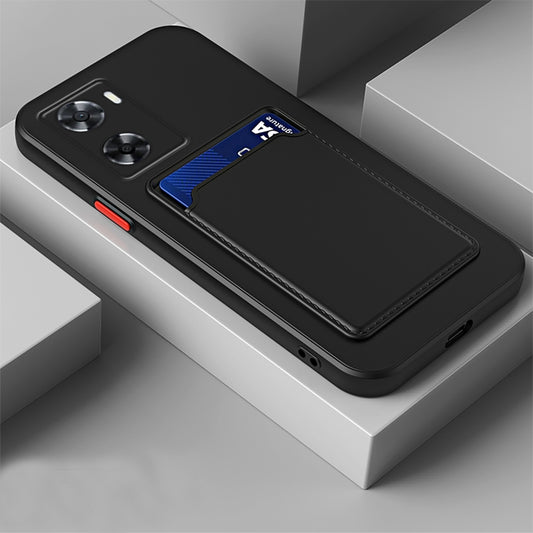 Skin-feel card TPU contrast-color button phone case, black with blue card holder