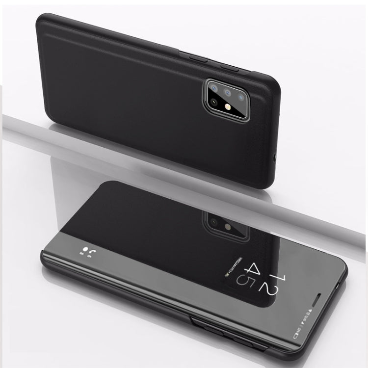 Leather flip phone case with mirror, black, with holder and window cutouts