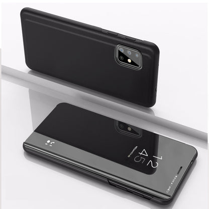 Leather flip phone case with mirror, black, with holder and window cutouts