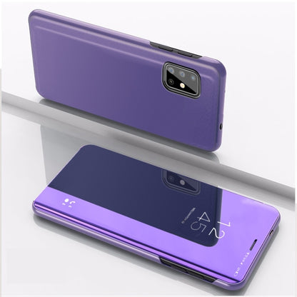 Purple horizontal flip leather-style phone case with mirror, phone holder, cutouts