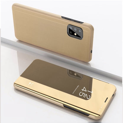 Leather flip phone case with mirror, gold, closed back with camera openings