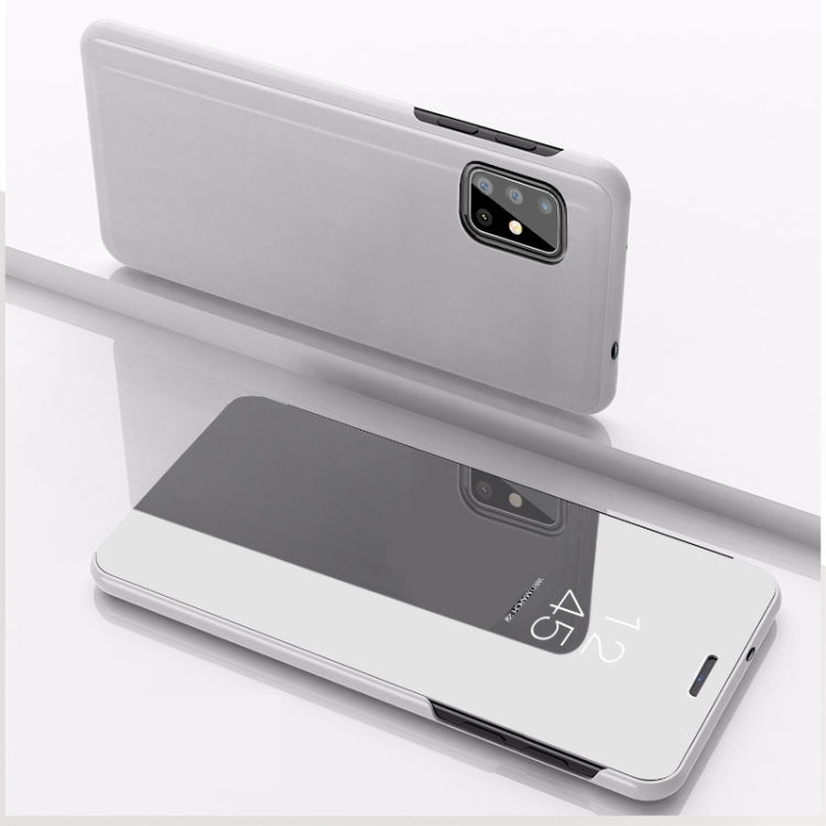 Leather flip phone case with mirror, silver, open cover with viewing window