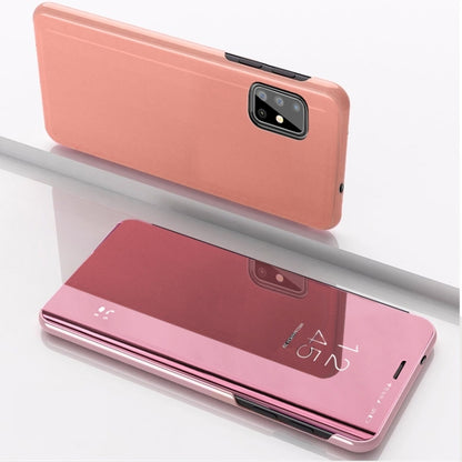 Leather flip phone case with mirror, rose pink, closed back with camera cutout