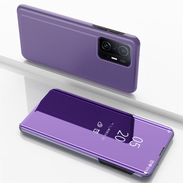 Lavender purple horizontal flip leather-style phone case with mirror, phone holder, cutouts