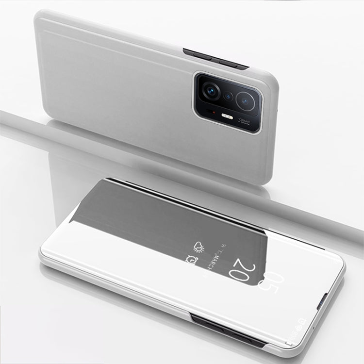 Leather flip phone case with mirror, light gray, open cover showing mirror panel