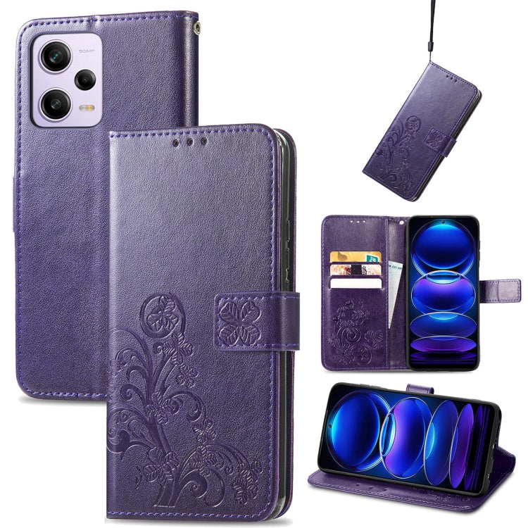 Purple embossed leather phone case with four-leaf clasp buckle and card slots