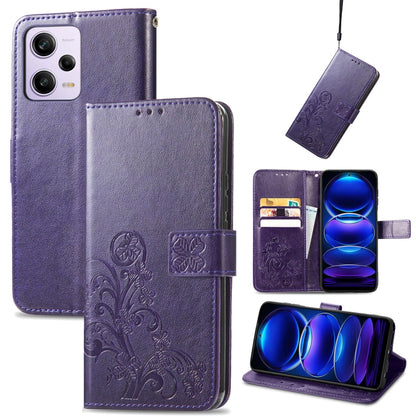 Purple embossed leather phone case with four-leaf clasp buckle and card slots