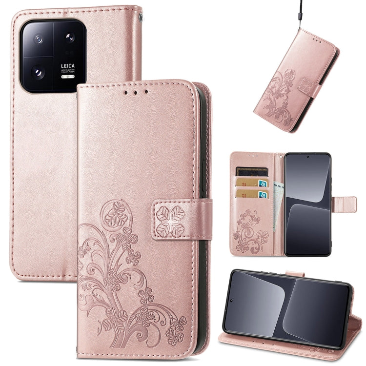 Rose gold embossed leather phone case with four-leaf clasp buckle and card slots