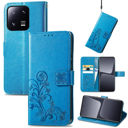 Blue leather folio phone case with four-leaf embossed clasp buckle and card openings