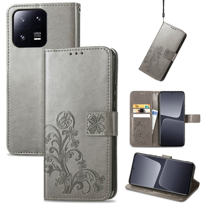 Gray leather folio phone case with four-leaf embossed clasp buckle and card openings