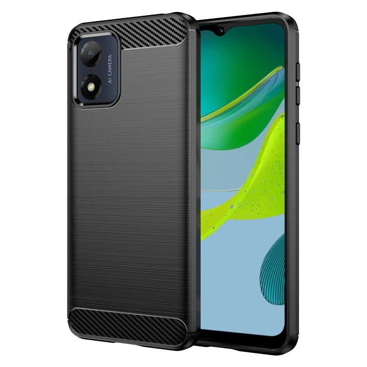 Brushed texture TPU phone case with carbon-fiber corner, black; side ports visible