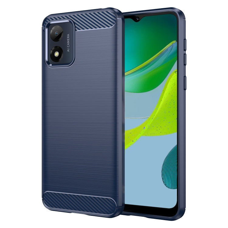 Dark blue brushed texture TPU phone case with carbon fiber accents and camera cutout