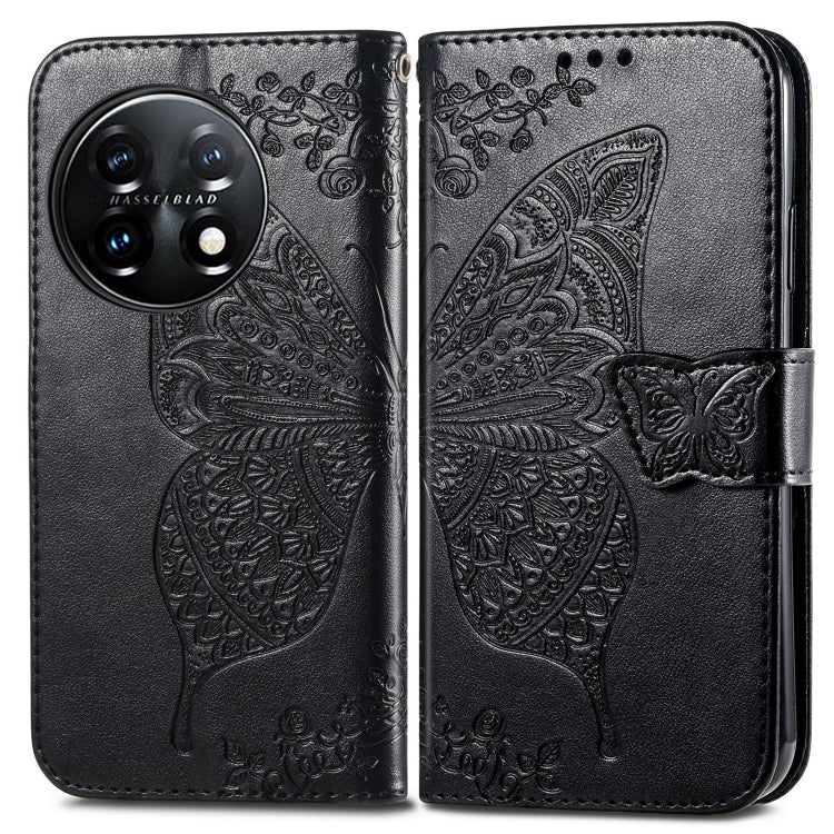 Black embossed butterfly flower flip leather phone wallet case, front view with clasp