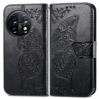 Black embossed butterfly flower flip leather phone wallet case, front view with clasp