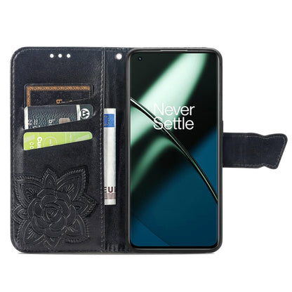 Dark flip leather phone wallet case with embossed butterfly flower design and open slots