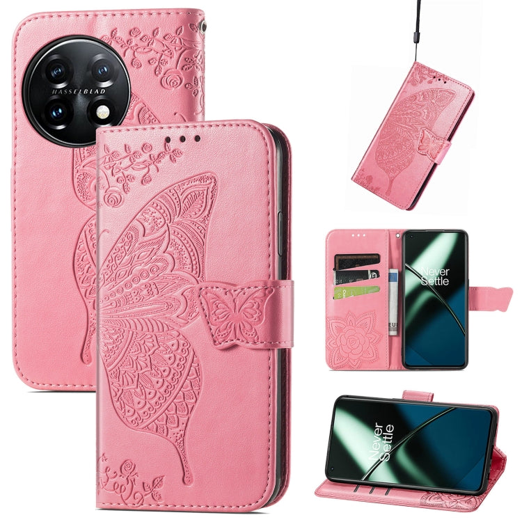 Pink embossed butterfly flower flip leather phone wallet case with card slots