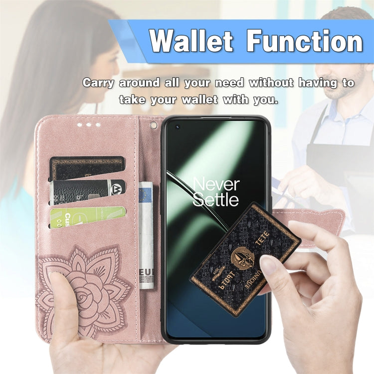 Pink faux-leather flip phone case with embossed floral butterfly, wallet card slots