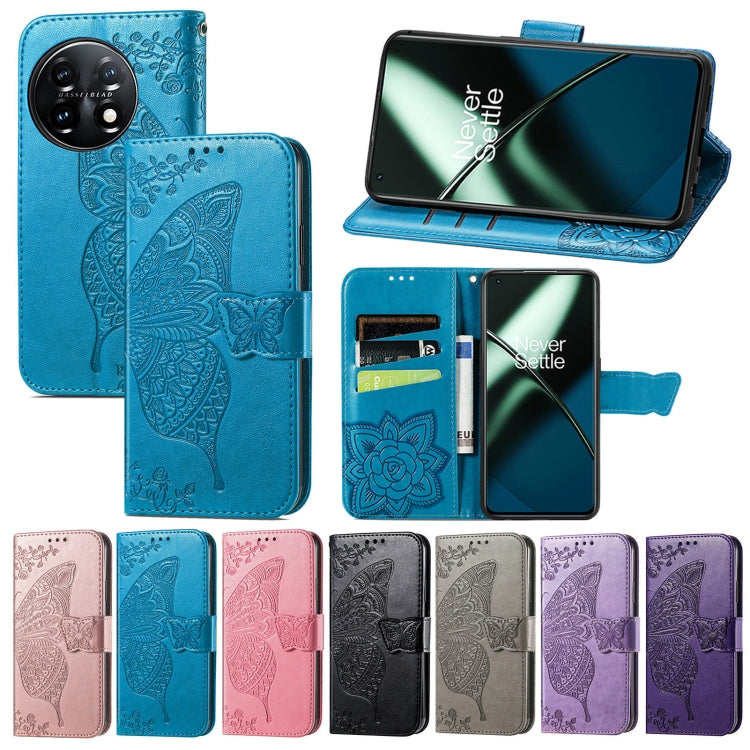 Blue faux-leather flip phone case with embossed butterfly, with stand view and card slots