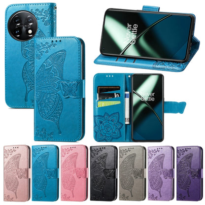 Blue faux-leather flip phone case with embossed butterfly, with stand view and card slots
