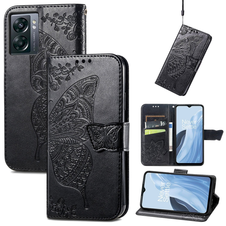 Black faux-leather flip phone case with embossed butterfly and flower, card slots and strap