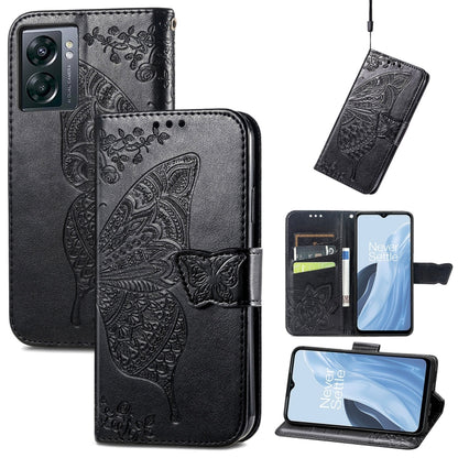 Black faux-leather flip phone case with embossed butterfly and flower, card slots and strap