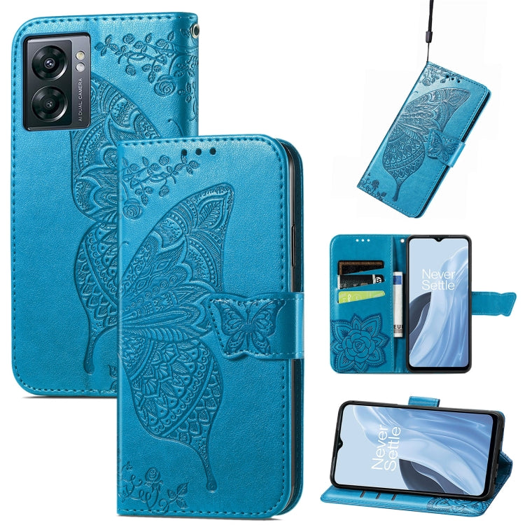 Blue faux-leather flip phone case with embossed butterfly and floral design, card slots