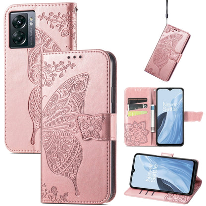 Rose-pink faux-leather flip phone case with embossed butterfly and flower, card holder slots