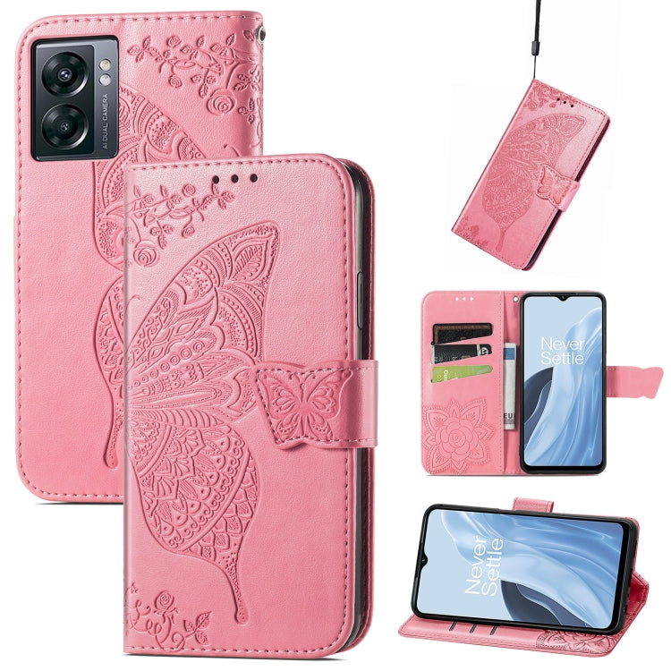Pink faux-leather flip phone case with embossed butterfly and floral pattern, card slots