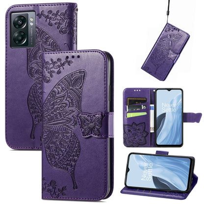 Dark purple faux-leather flip phone case with embossed butterfly and floral details, card slots