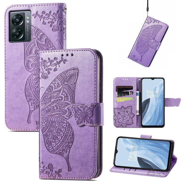 Light purple faux-leather flip phone case with embossed butterfly and flower pattern, card slots