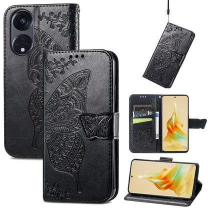 Black embossed flip leather phone case with butterfly and flower, card slots