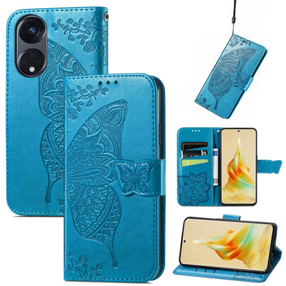 Blue embossed flip leather phone case with butterfly and flower, card slots