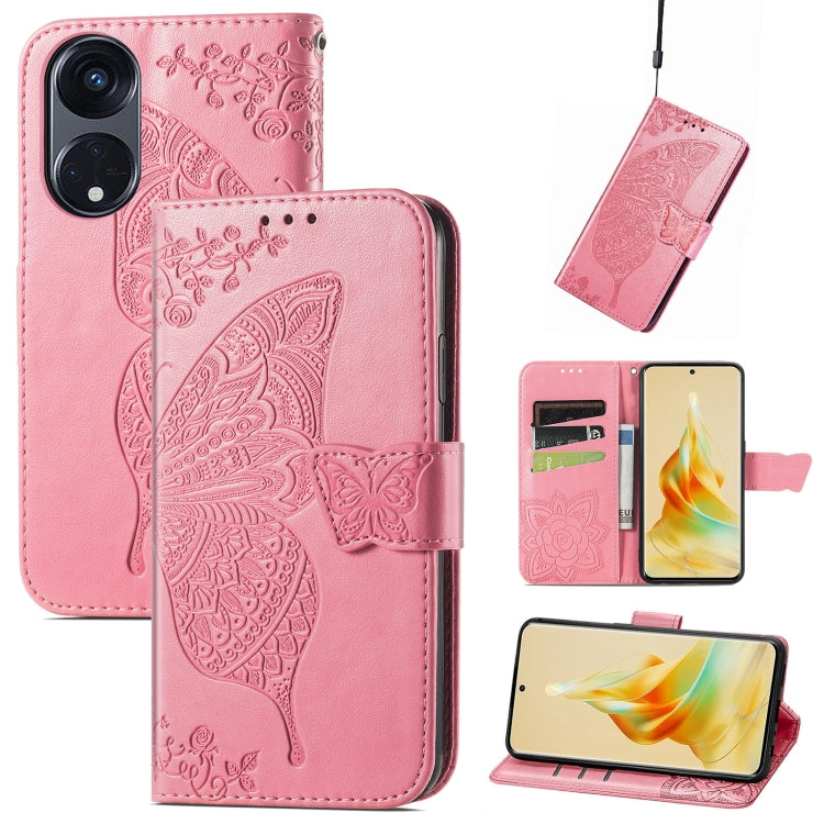 Pink embossed flip leather phone case with butterfly and flower, belt-loop strap