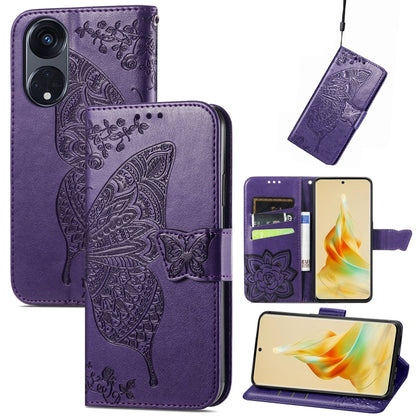 Purple embossed flip leather phone case with butterfly and flower, magnetic strap