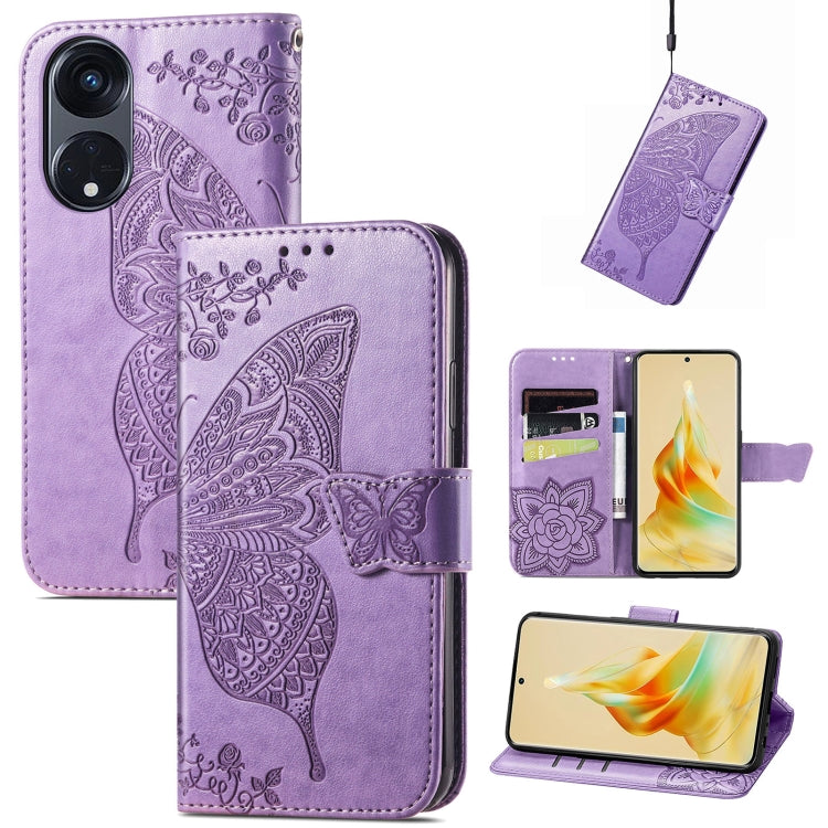 Light purple embossed flip leather phone case with butterfly and flower, card slots