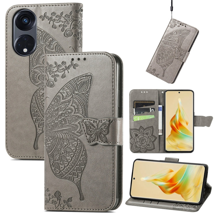 Gray embossed flip leather phone case with butterfly and flower, open with card slots
